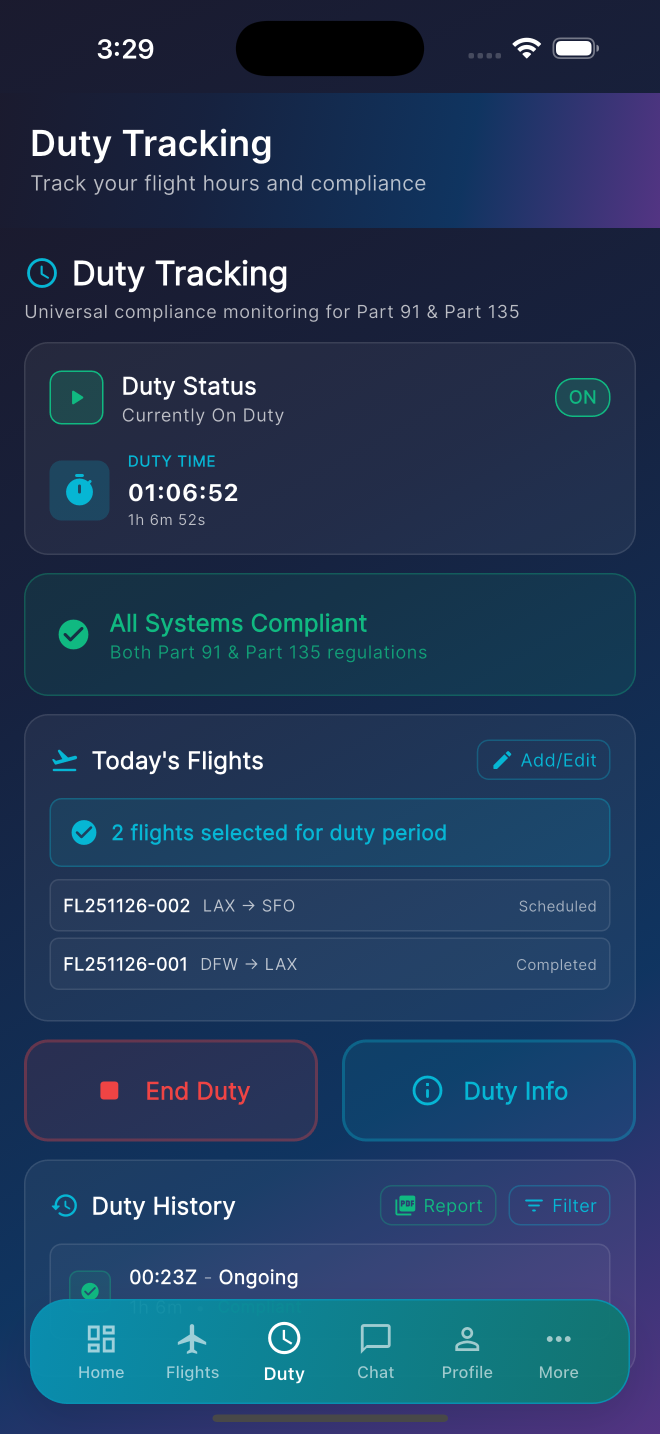 Duty Tracking Screenshot